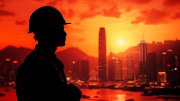Silhouette of construction worker in a hardhat against city skyline at sunset. Planning and progress for future city development. photo