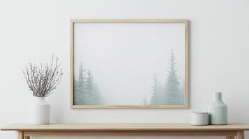 Minimalist decor with a framed forest print, a white vase with branches, and ceramic containers on a light wood surface. photo
