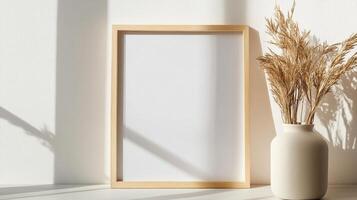 Elegant minimalist blank frame mockup, next to a vase with pampas grass, in a bright, sunlit room. Simple, serene, and sophisticated. photo