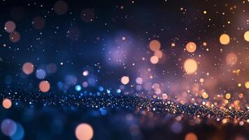Ethereal lights shimmer on a deep blue backdrop, soft peach tones blend creating a dreamy abstract scene. Warm glow and sparkles. photo