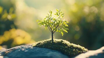Resilient sapling on mossy rock, bathed in soft sunlight. A serene and hopeful image of nature's tenacity. photo