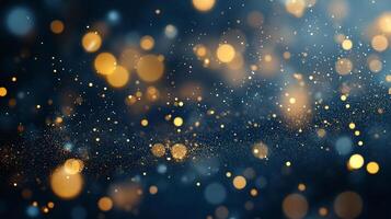 Ethereal background with shimmering golden bokeh lights and subtle blue hues, creating a magical and dreamy atmosphere for any project. photo