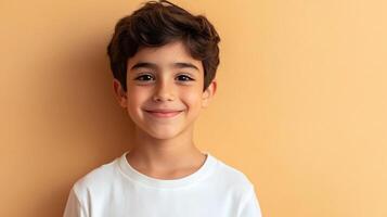 Portrait of a smiling boy, showcasing his joyful expression and youthful charm against a simple background, conveying genuine happiness. photo