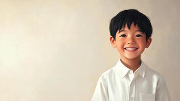 Smiling boy in white shirt with dark hair against neutral background with space for text or design, happy, expressive and authentic. photo