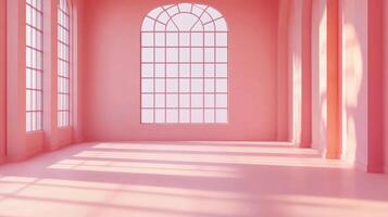 A sunlit, minimalist space drenched in monochromatic pink, with large windows casting light and shadow patterns across the empty floor. photo