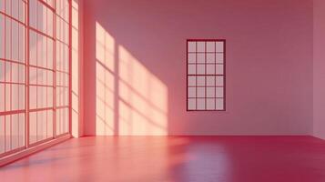 A minimalist, modern space bathed in a soft pink hue, with sunlight streaming through large windows, creating a serene and peaceful ambiance. photo