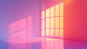 Bright window light illuminates the space with gradients of pink and yellow, creating a serene and inviting atmosphere. Warm colors glow softly. photo