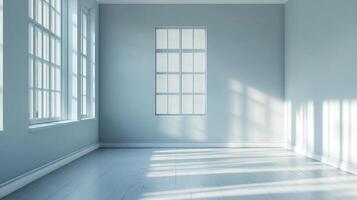 Bright, empty room with light blue walls, white wooden floors, and natural light streaming through two windows and a window frame. photo