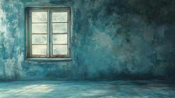 Dilapidated room with weathered blue walls and an old window. Rustic charm meets subtle light in this worn interior scene. photo