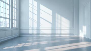 Serene and bright empty room with sunlight streaming in through tall windows, casting shadows across the floor, creating an open and airy space. photo