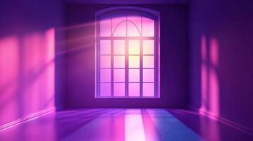 A room bathed in vibrant purple light streaming through a window, creating a striking contrast of light and shadow on the walls and floor. photo