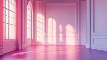 An elegant room with soft pastel pink hues, sunlit through arched windows, creating a serene and inviting ambiance, reflecting on the polished floor. photo