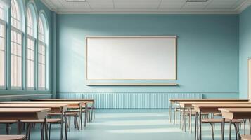 Classic classroom setup with rows of wooden desks facing a blank whiteboard in a serene blue room, bathed in soft natural light. photo