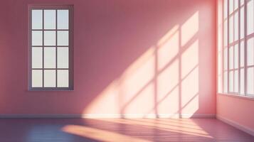 A softly lit room features pink walls and natural light streaming through windows, creating patterns on the wall and floor. photo