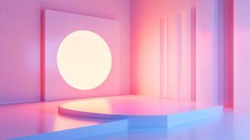 Abstract minimalist display space with geometric shapes and a glowing circle on wall, bathed in soft pink and blue light. photo