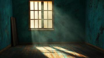 Sunlight streams into a dusty room, illuminating textured walls and a weathered wooden floor. An aged window adds to the nostalgic charm. photo