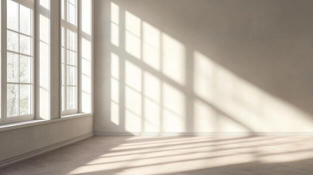 Sunlight streams through windows, casting geometric patterns on the empty room's wall and wood floor, creating a serene and inviting atmosphere. photo