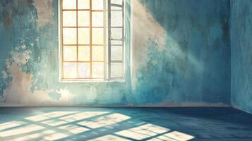 Sunlight streams through an open window onto the aged walls and floor of a derelict room, creating a stark contrast of light and shadow. photo