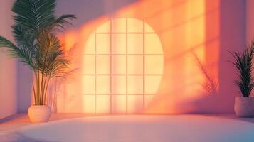 Sunlit room with potted palms, casting soft shadows on a round-windowed wall, creates serene, inviting atmosphere. Minimalist, natural light. photo
