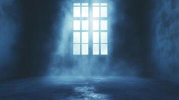 Ethereal room with light streaming through the window, creating a hazy, dreamlike atmosphere. The blue hues enhance the mystery. photo