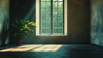 Sunlight streams through a window, illuminating an indoor fern and the aged walls of a room with textured surfaces and cool tones. photo