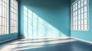 Bright interior space with large windows casting light patterns on teal walls and floor, creating a serene atmosphere. Minimalist aesthetic. photo
