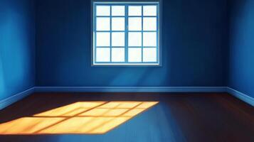 Sunlight streams through a window in an empty blue room, casting a grid of light onto the wooden floor for a minimalist architectural scene. photo