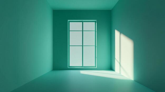 Minimalist teal room with window and sunlight streaming through. Simplicity in architecture and design. Light and shadow contrast. photo