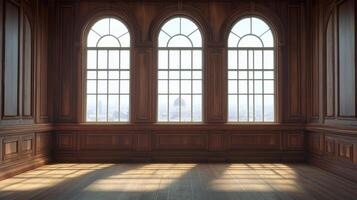 Elegant room with ornate wooden paneling, arched windows, and distant city views bathed in sunlight, exuding timeless sophistication. photo