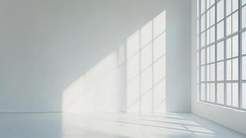 Sunlight streams into an all-white room with a large window, creating an airy and minimalist aesthetic. Light and shadow play across the surfaces. photo