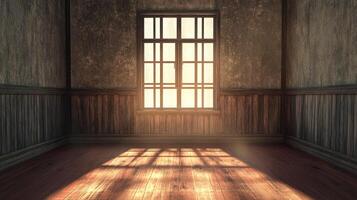Sunlight streams through a paneled window, illuminating the empty room, casting light and shadows on the wooden floor, enhancing its vintage charm. photo