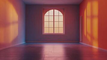 Sunlight streams through a window, painting warm hues across an empty room, creating a serene and inviting atmosphere. photo