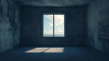 Empty concrete room bathed in light streaming through a window, offering a glimpse of distant sky and sea, contrasting with the room's desolation photo