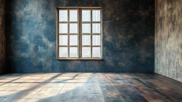 Light streams into an empty room, illuminating a rustic wooden floor through a multi-pane window set against a textured blue wall. photo