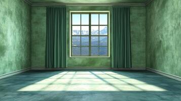 Empty green room with sunlight streaming in. A window reveals distant mountains, adding depth and beauty to the otherwise simple space. photo
