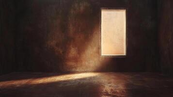 Light streams into an empty room, illuminating the worn texture of the aged walls and floor. A lone window is the source of light. photo
