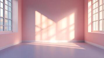 Light streams into a room with pale pink walls through grid-patterned windows, creating warm shadows across the floor, making a bright peaceful mood. photo