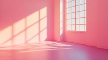 A pink room bathed in sunlight, casting shadows from a window with a view of the clear sky for a peaceful serene atmosphere. photo