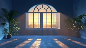 Indoor view of light streaming through an arched window illuminating the floor, surrounded by potted plants in a peaceful setting. photo