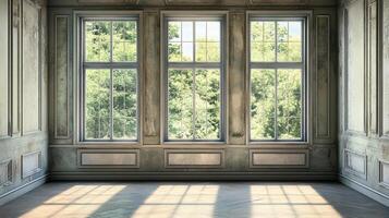 Sunlit room with classical architectural details and three large windows, offering a view of lush greenery, creating a serene atmosphere. photo