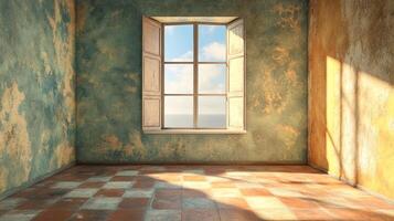 Sunlit room with an open window offering a view of the sea and sky, textured walls, and tiled floor. A serene, bright, and inviting space. photo
