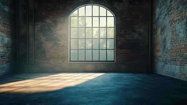 Light streams through a large arched window into a weathered brick room with a concrete floor, creating a dramatic play of light and shadow. photo