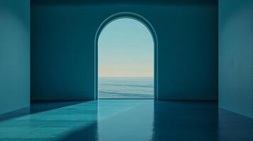 A minimalistic, teal-toned room with an archway overlooking the tranquil ocean. The glossy floor mirrors the outside expanse. photo