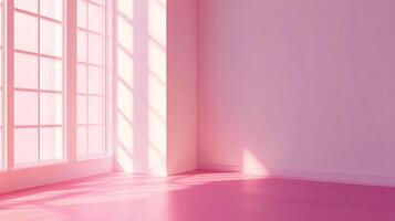 Sunlight streams into a pink room through a large window, casting geometric shadows across the floor and walls creating a serene atmosphere. photo