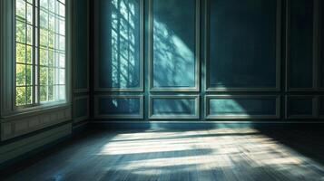Sunlight streams into a teal room with decorative wall panels and hardwood floors, creating a serene and inviting atmosphere. Classic design. photo