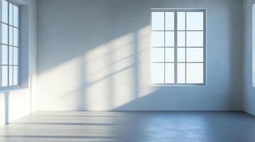 Sunlight streams through windows, creating an interplay of light and shadow in this contemporary, empty, bright space with light grey walls. photo