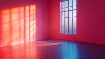 Empty room awash with vibrant, contrasting light from a window, creating striking shadows and a modern aesthetic. Great for creativity. photo