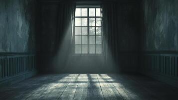 An empty room filled with shadows and sunlight streams from a window. The darkness adds an ominous atmosphere to the setting. photo