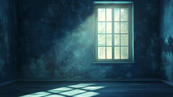 Sunlight illuminates a vacant room, casting shadows on textured walls. A window offers a glimpse of the outside. Moody, atmospheric, empty. photo