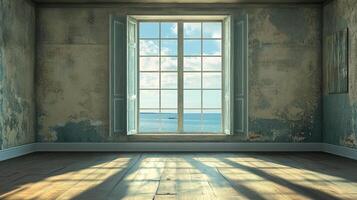 Sunlight streams into a weathered room through a window. The sea is calm and the view looks calming and quiet in an otherwise old room. photo